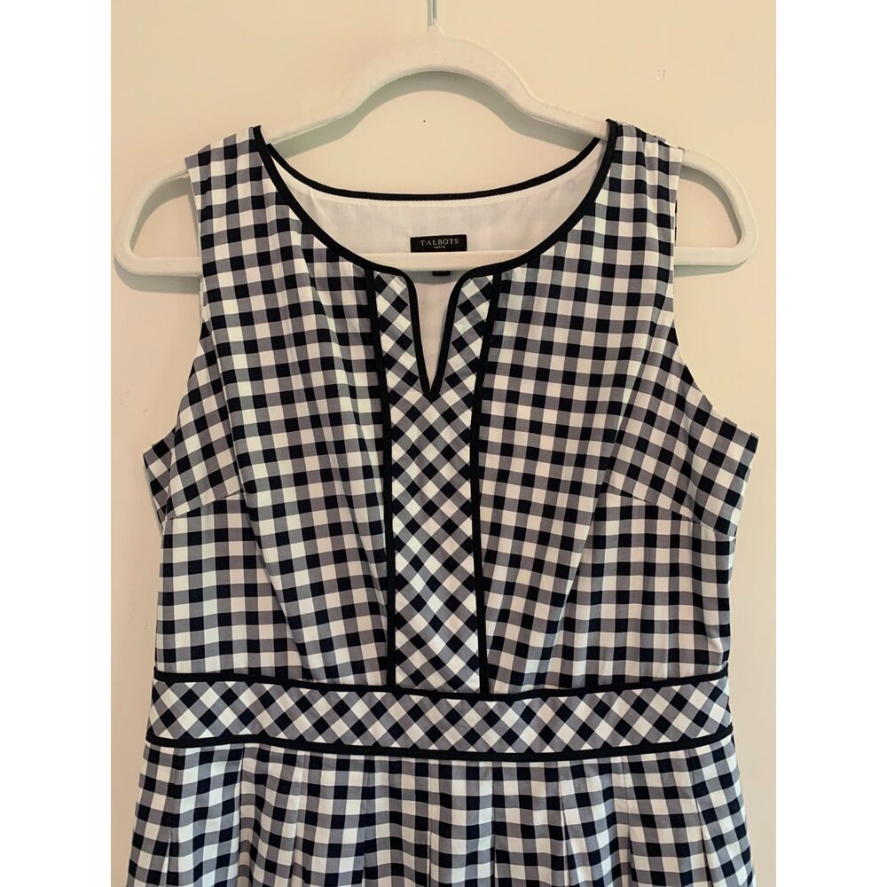 Talbots Navy White Gingham Fit & Flare Sleeveless Cotton Dress Preppy 8P - Picture 2 of 8